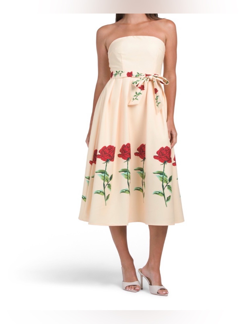 Dalia MacPhee Strapless Rose Floral Midi Dress Yellow Size L